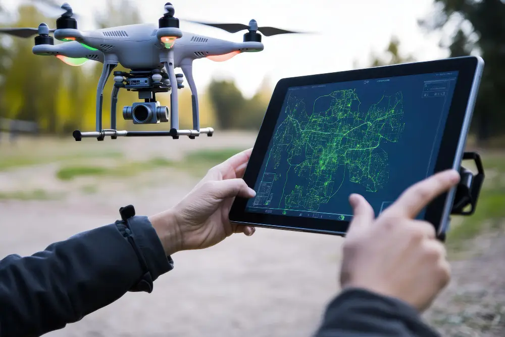 Survey drone with thermal and gas sensors flying above a solar park next to fixed ground sensors
