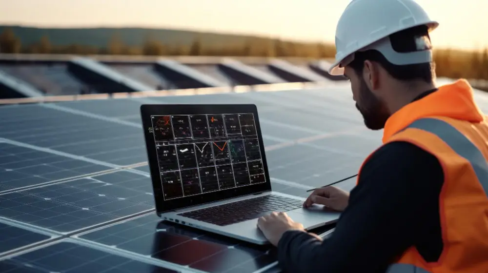 Engineer reviewing string-level solar plant performance on an IoT monitoring dashboard